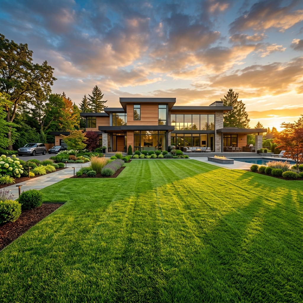 Perfectly manicured lush green lawn in front of a modern home